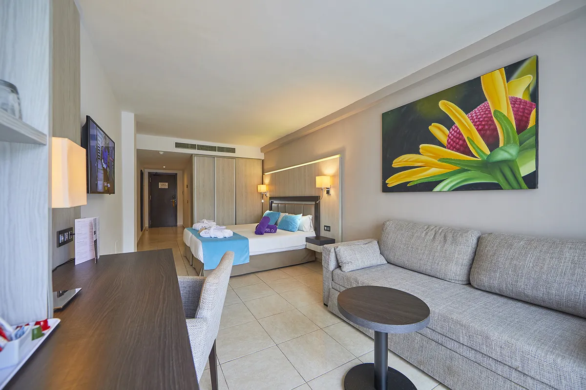 Sofá y escritorio Espaciosa habitación con zona de estar y tv Fergus Style Bahamas