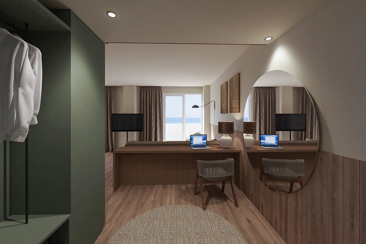 Recibidor y zona de escritorio Entrada con recibidor directa a la zona de escritorio de la Junior Suite con terraza y jacuzzi del Fergus Style Palma Beach